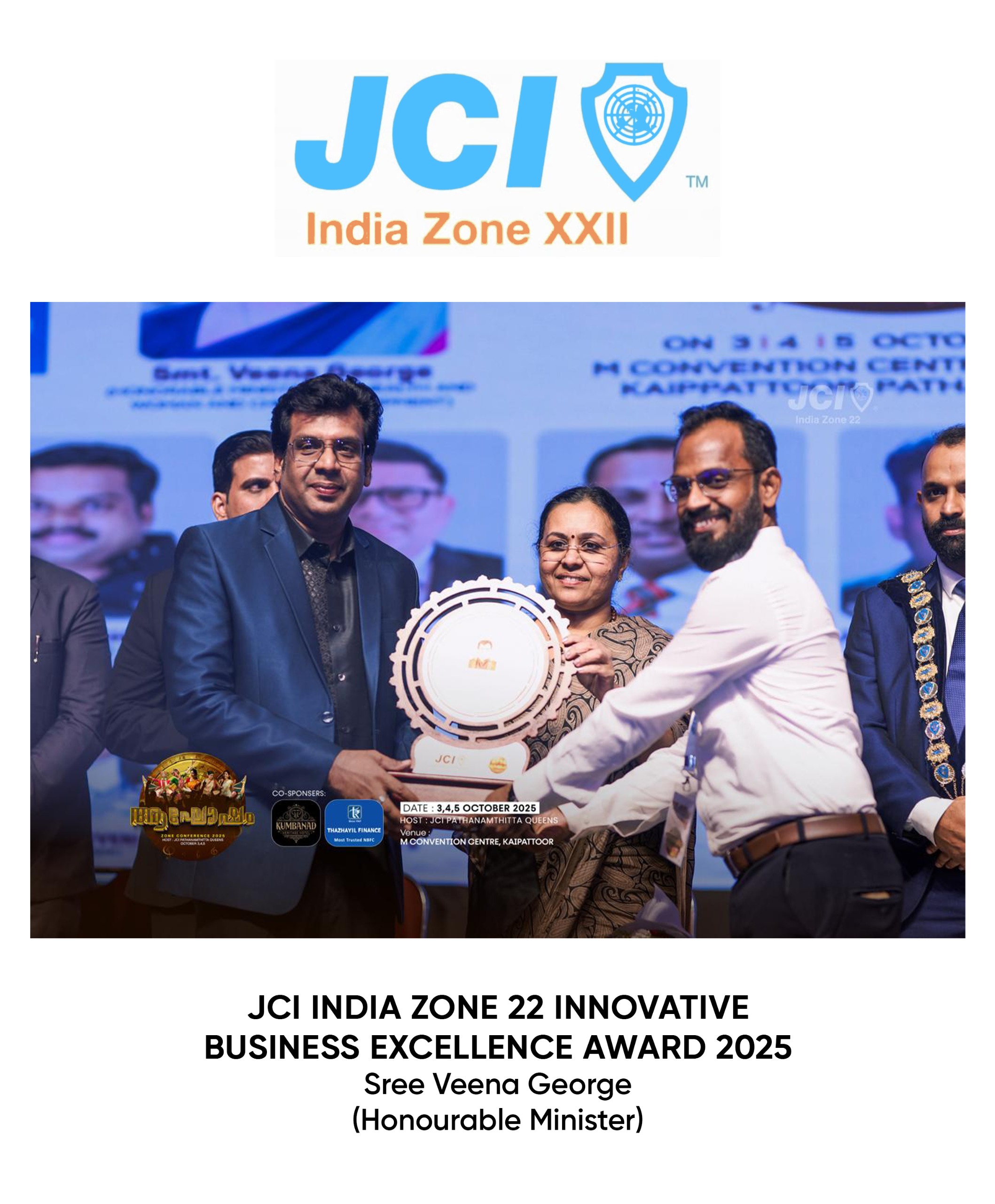 JCI India Zone 22 Innovative Business Excellence 2025 from Sree Veena George (Honourable Minister)